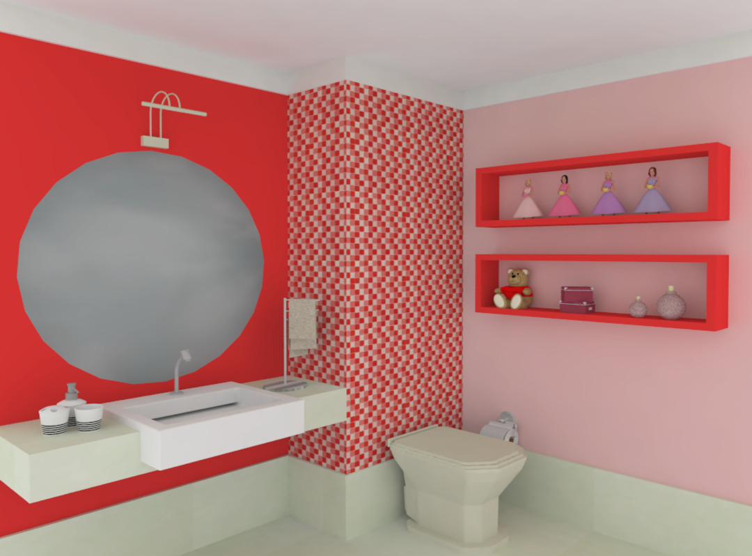 Banheiro com revestimento de pastilhas vermelhas